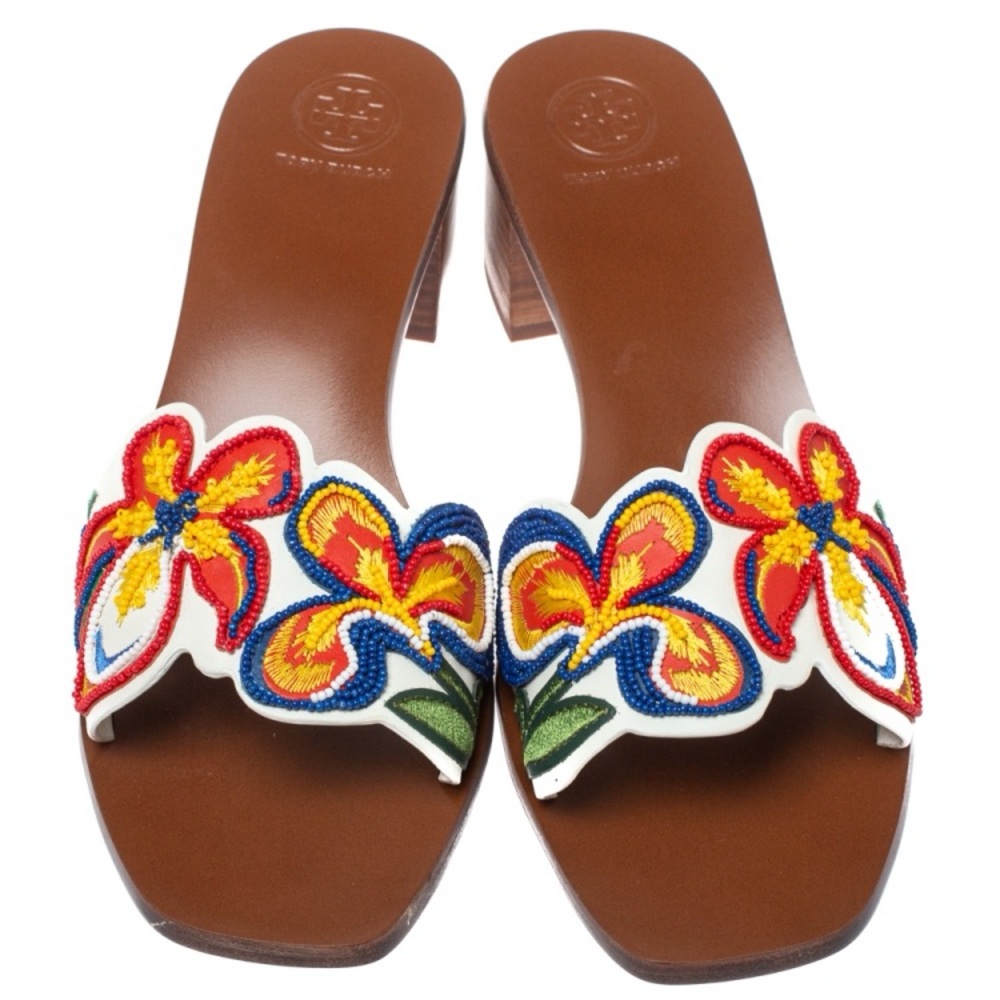 TORY BURCH Bianca Floral Bead Embellished Slide Sandal -Ivory Multi Runway 9.5